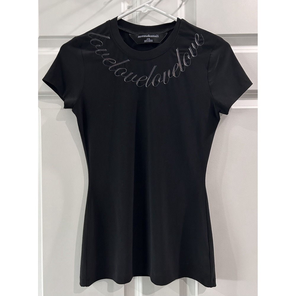 Norma Kamali Black Short Sleeve Fitted‎ Tee Sz S Love Script Blouse Y2K Stretch